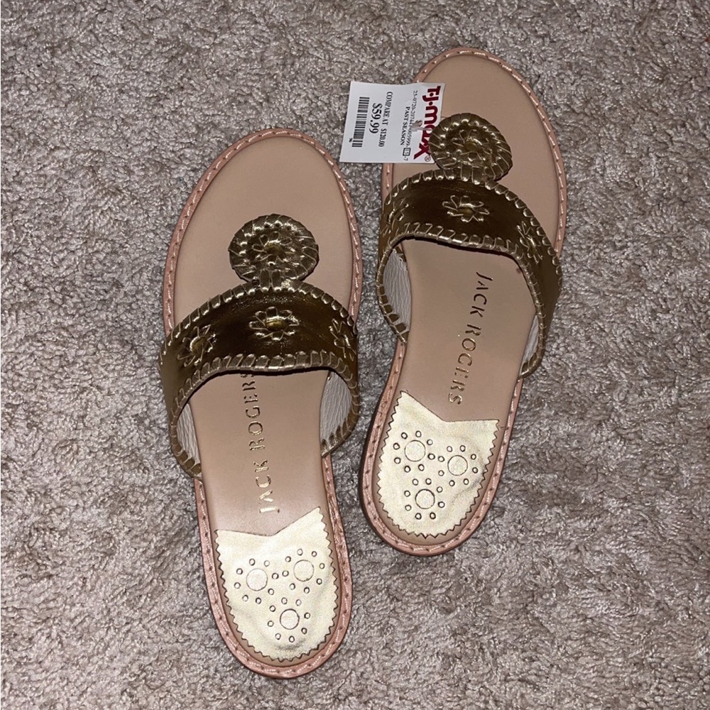 NEW Jack Rogers Women Hampton Flat Platinum Flip Flop Floral Woven Whipstitched